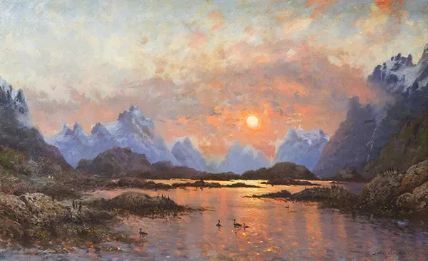Sunset Over a Mountain Lake By Frithjof Smith-Hald