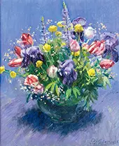 Tulips Marsh Marigolds Irises and Lupins in a Vase By Patrick Adam