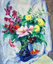 Studio Flower Still Life with Light Blue Drapherie By Elemer Vass