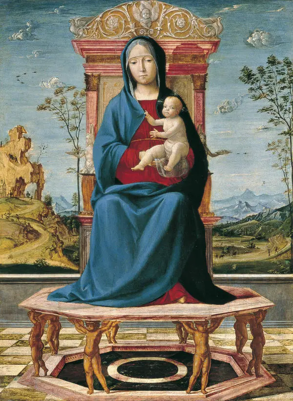 The Virgin and Child Enthroned By Lorenzo Costa