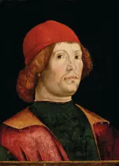 Portrait of a Gentleman Bust Length in a Green Doublet By Lorenzo Costa