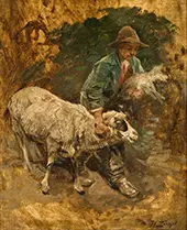 A Shepherd Boy with a Lambkin and a Sheep By Heinrich von Zugel