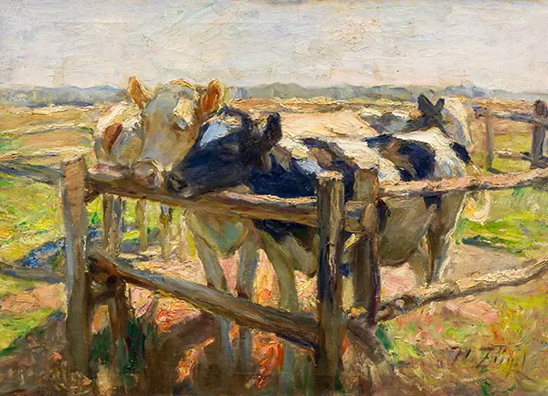 Black and Yellow Piebalds on the Young Cattle Pasture By Heinrich von Zugel