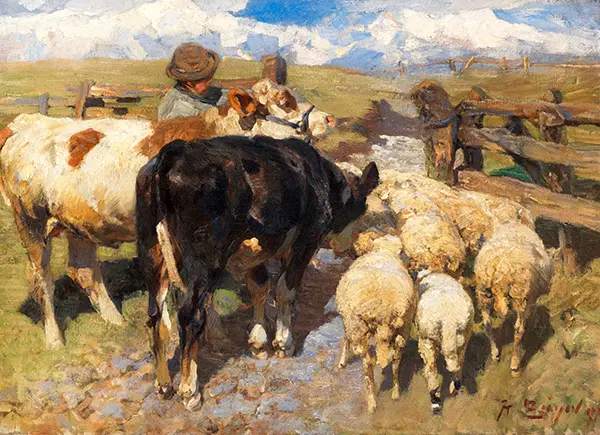 Cows and Sheep at the Gate By Heinrich von Zugel