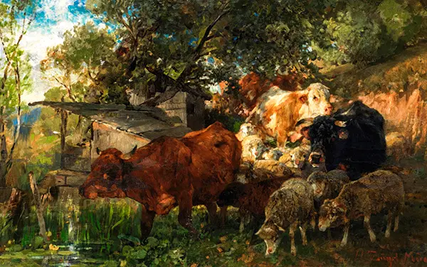 Cows and Sheep at the Watering Trough By Heinrich von Zugel