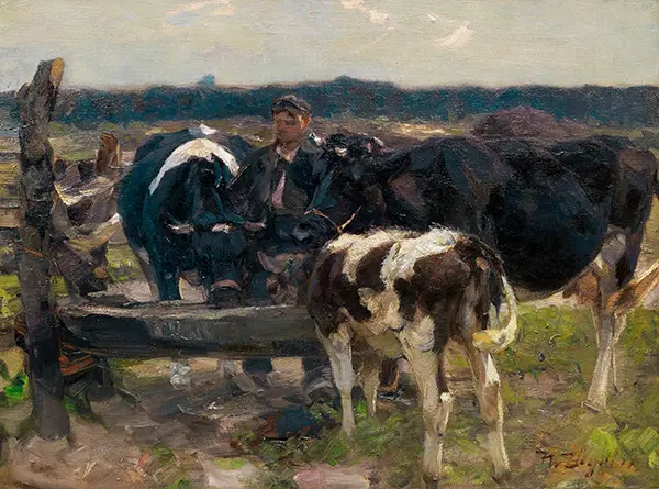 Cows and Shepherd at the Watering Place By Heinrich von Zugel