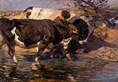 Driver with Two Cattle at the Ford 1906 By Heinrich von Zugel