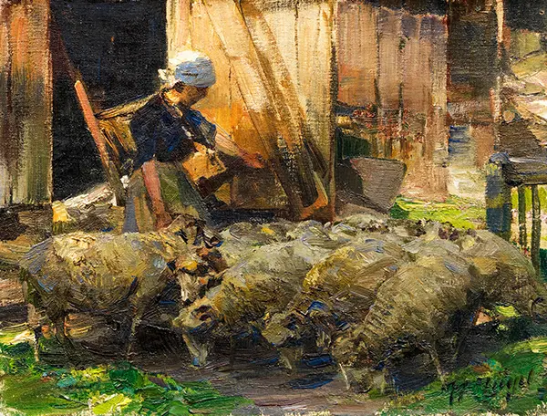 Farmers Wife with Sheep By Heinrich von Zugel
