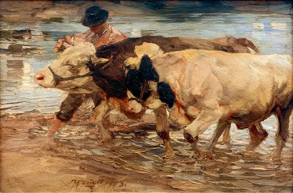 Farmhand with Cow and Ox By Heinrich von Zugel