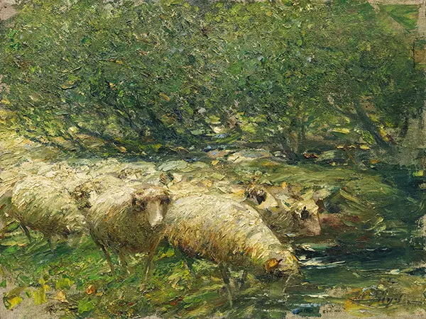 Flock of Sheep by the Stream in the Shade of a Tree By Heinrich von Zugel