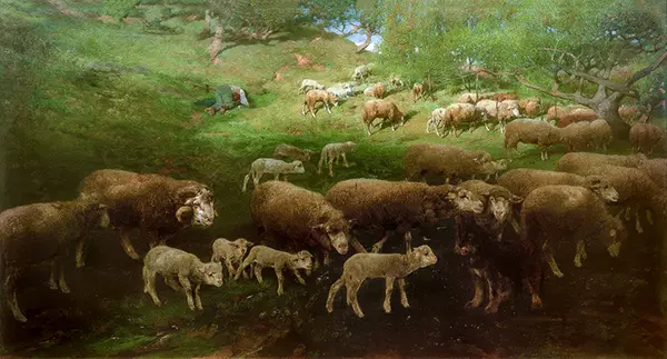 Flock of Sheep with Lambs By Heinrich von Zugel