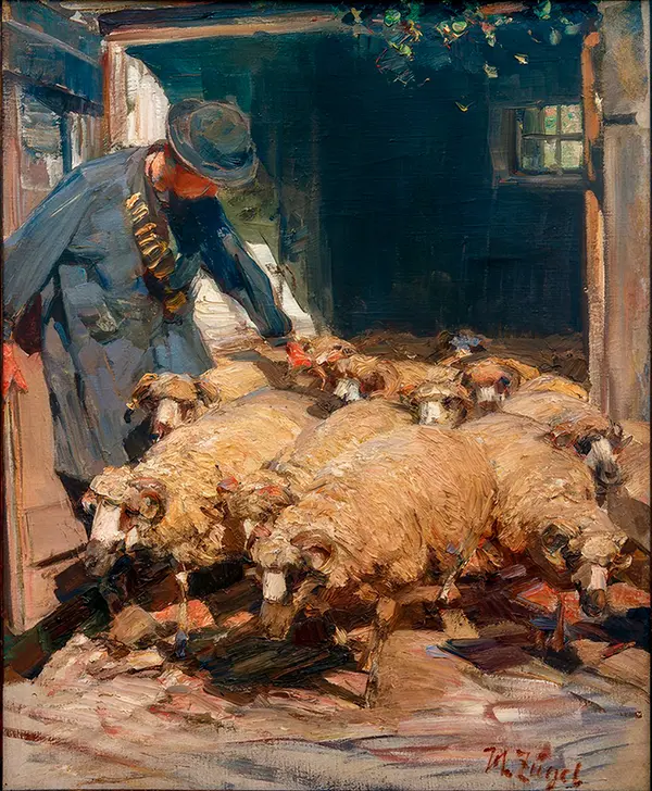 Shepherd Letting Sheep Out of the Stall By Heinrich von Zugel