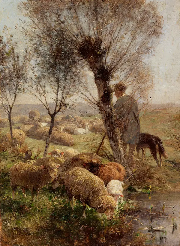 Shepherd with Dog and Flock Under Willow Trees by the Water By Heinrich von Zugel
