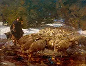 Shepherd with Sheep in Landscape By Heinrich von Zugel