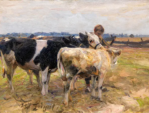Shepherd with Three Young Cattle By Heinrich von Zugel