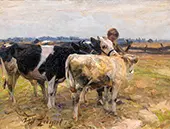 Shepherd with Three Young Cattle By Heinrich von Zugel