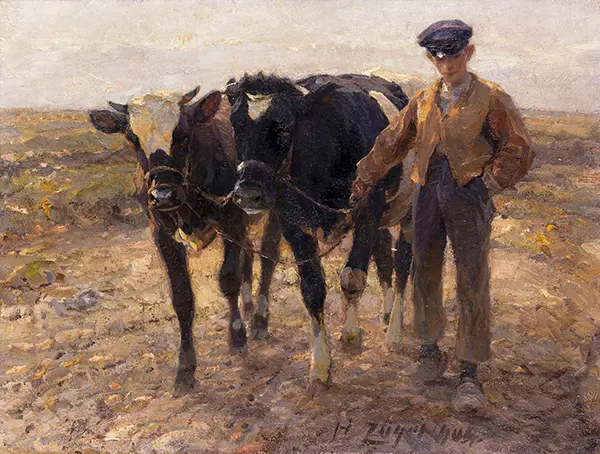 Shepherd with Young Cattle on the Heath By Heinrich von Zugel