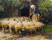 Shepherdess with Flock of Sheep at the Stable By Heinrich von Zugel