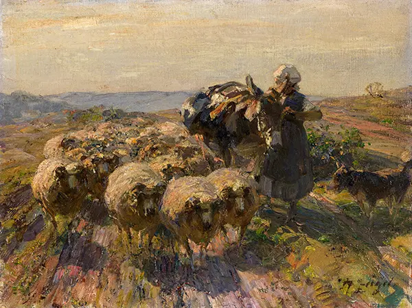 Flock of Sheep with Shepherdess and Donkey in the Field By Heinrich von Zugel