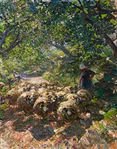 Flock of Sheep with Shepherdess in a Shady Hollow Road By Heinrich von Zugel