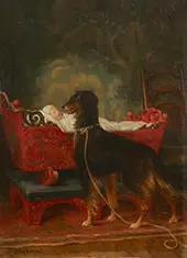 A Dog Gazing at a Baby in a Red Crib By Henry Bacon