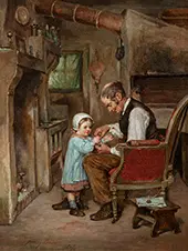 A Father and Daughter Playing Cats Cradle by a Fire By Henry Bacon
