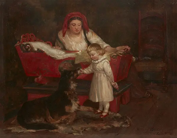A Woman Looking Over a Wood Cradle to View a Child Petting a Dog By Henry Bacon