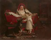 A Woman Looking Over a Wood Cradle to View a Child Petting a Dog By Henry Bacon