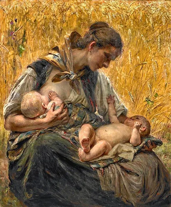 A Young Woman Breastfeeding Her Twins By Bertha Wegmann