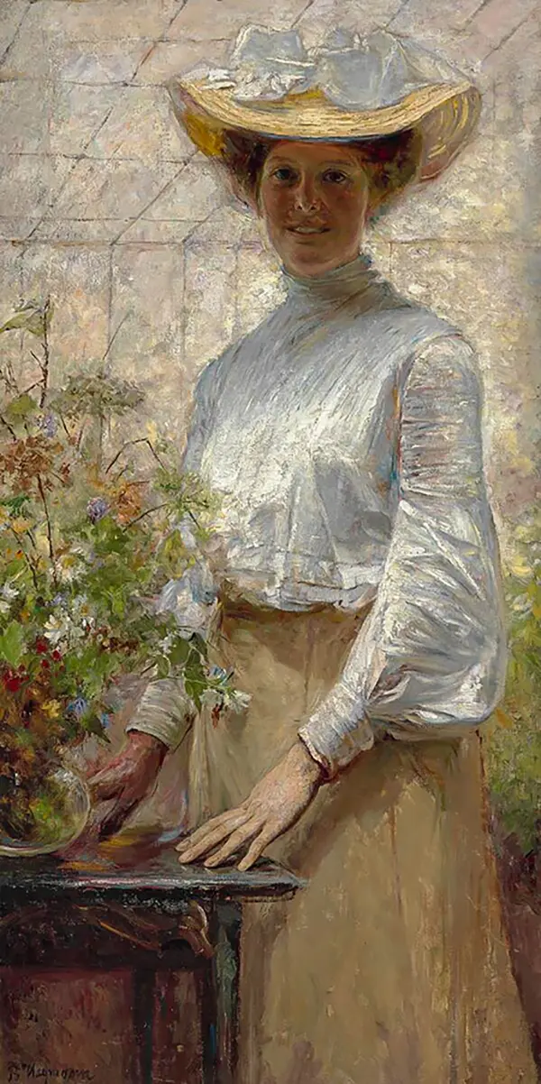 A Young Woman in a Greenhouse By Bertha Wegmann