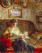 An Interior with a Woman Reading on a Sofa By Bertha Wegmann