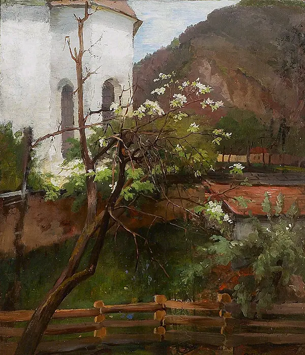 Mountain Landscape with Houses and a Blossom Tree By Bertha Wegmann