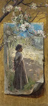 Trompe l'oeil of a Painting on a Golden Wall with a Young Girl Under a Blooming Branch of an Apple Trees By Bertha Wegmann
