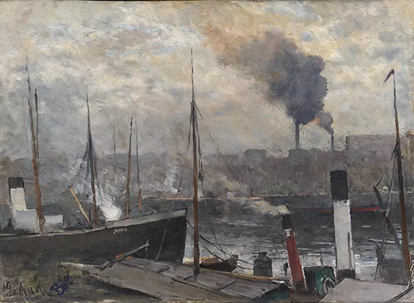 View from a Harbour with Smokestacks in the Background By Bertha Wegmann