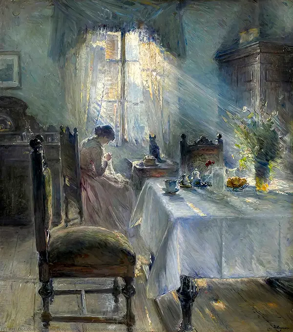 Woman Sewing in an Interior By Bertha Wegmann