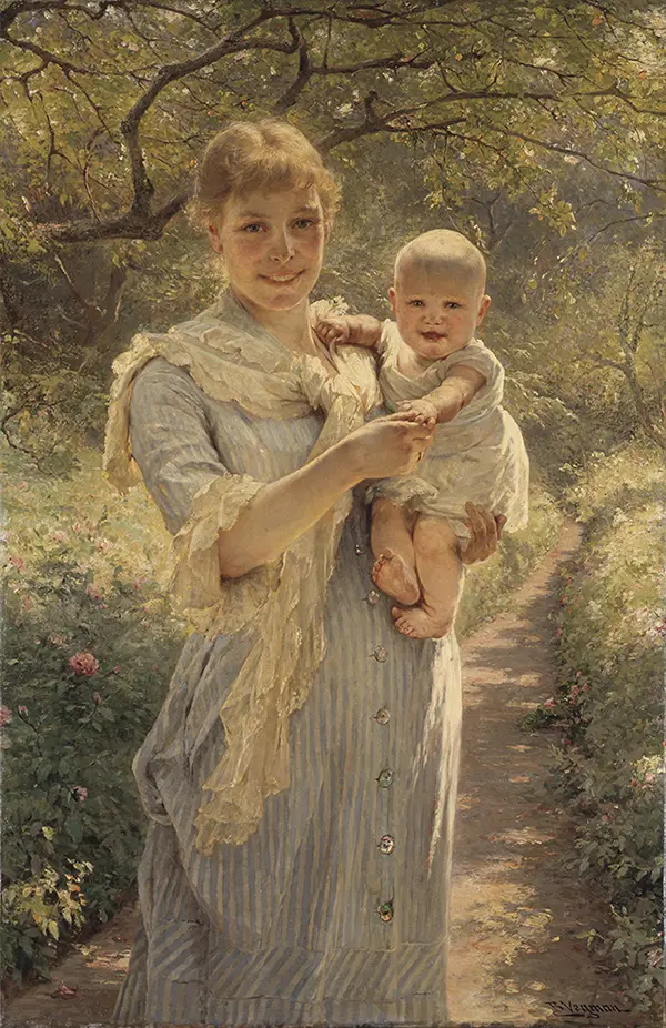 Young Mother with a Child in a Garden By Bertha Wegmann