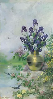 Vase with Irises on the Terrace 1885 By Louise Abbema