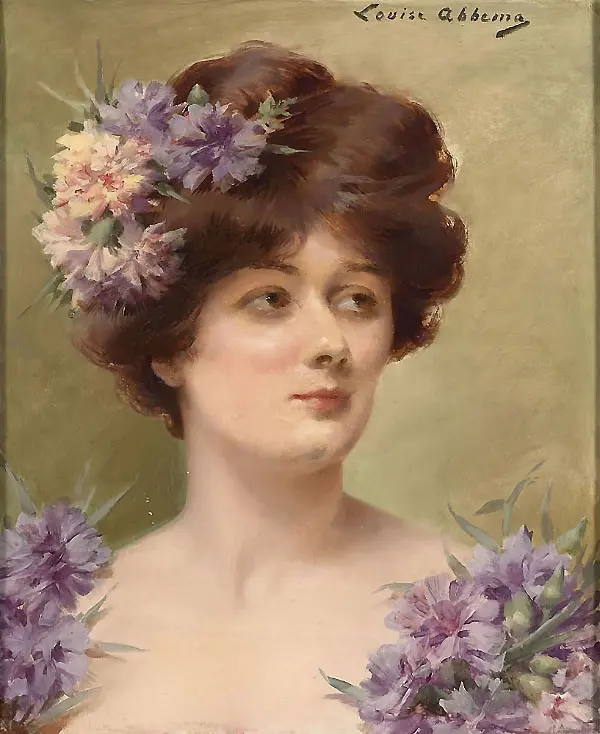 Portrait of a Woman with Purple Flowers By Louise Abbema