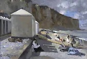Lady on the Beach Bath Houses under the Cliff By Louise Abbema