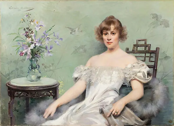 A Young Woman with a Vase of Flowers By Louise Abbema