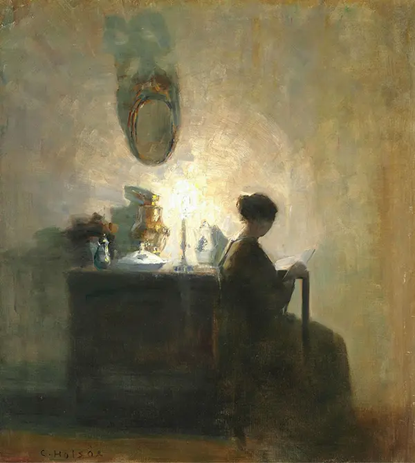 Interior with The Artist's Wife Reading by The Candlelight By Carl Holsoe