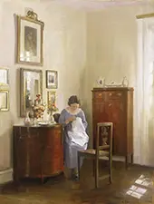 Interior with Lady Sewing c1910 By Carl Holsoe