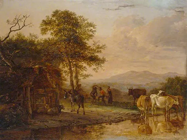 Evening Landscape with Cattle and Peasants Dancing to the Sound of a Pipe By Paulus Potter