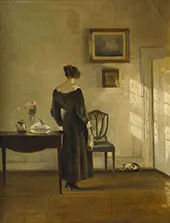 An Interior with a Woman Feeding a Cat By Carl Holsoe