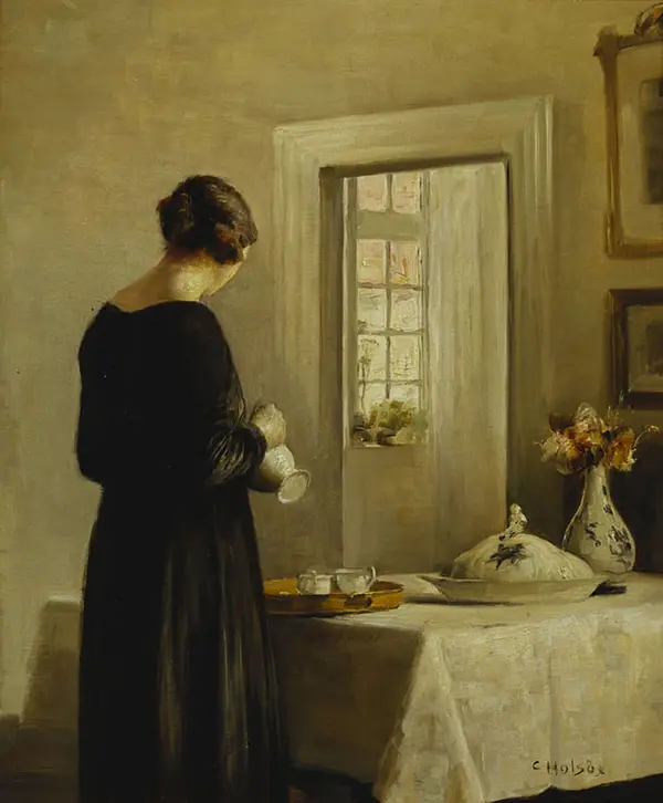 An Interior with a Woman at a Table By Carl Holsoe