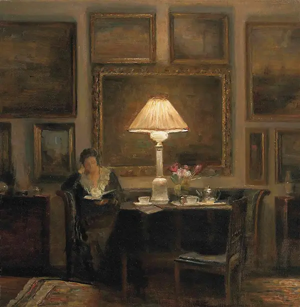 A Lady Reading By Lamplight By Carl Holsoe