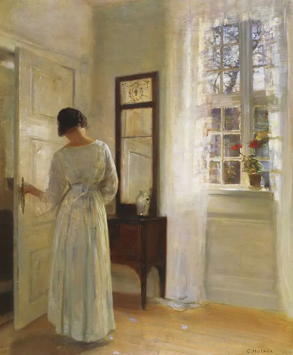A Lady Looking in a Mirror by an Open Door By Carl Holsoe