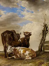 Two Cows and a Young Bull Beside a Fence in a Meadow By Paulus Potter