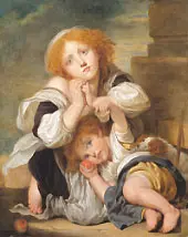 Two Children and a Dog By Jean Baptiste Greuze