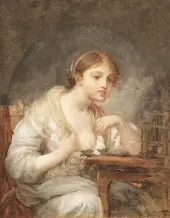 A Young Woman with a Birdcage By Jean Baptiste Greuze